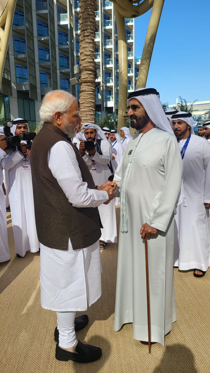 BJP4India's tweet photo. PM Shri @narendramodi meets the President of UAE His Highness Sheikh Mohammed bin Rashid Al Maktoum, at the COP-28 in Dubai. https://t.co/hN3Wx6KgQG