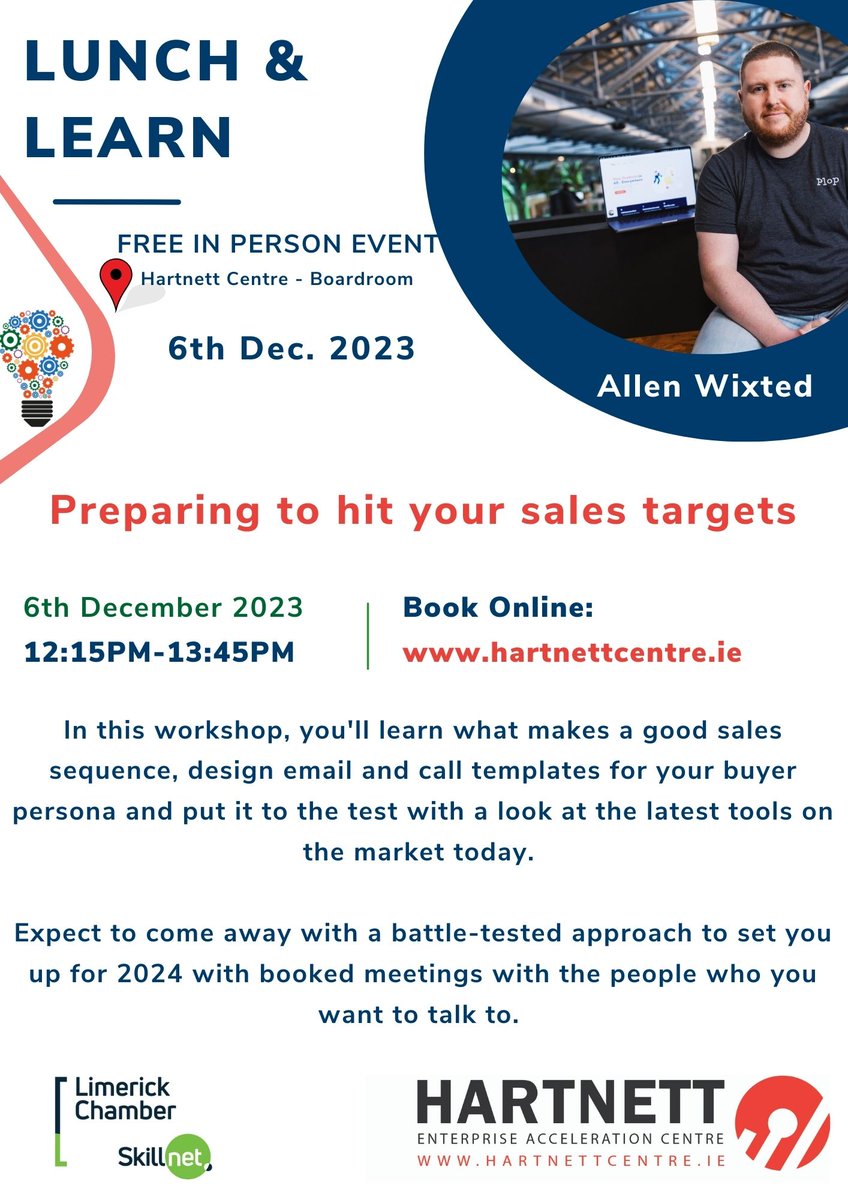 Sales are the lifeblood of all business - Are you happy that you are hitting your sales targets? Using the right sales tech stack? 
Join us in person at our upcoming Lunch &amp; Learn next Wednesday 6th December at TUS's Hartnett Centre.
Book now : bit.ly/46G1HYS