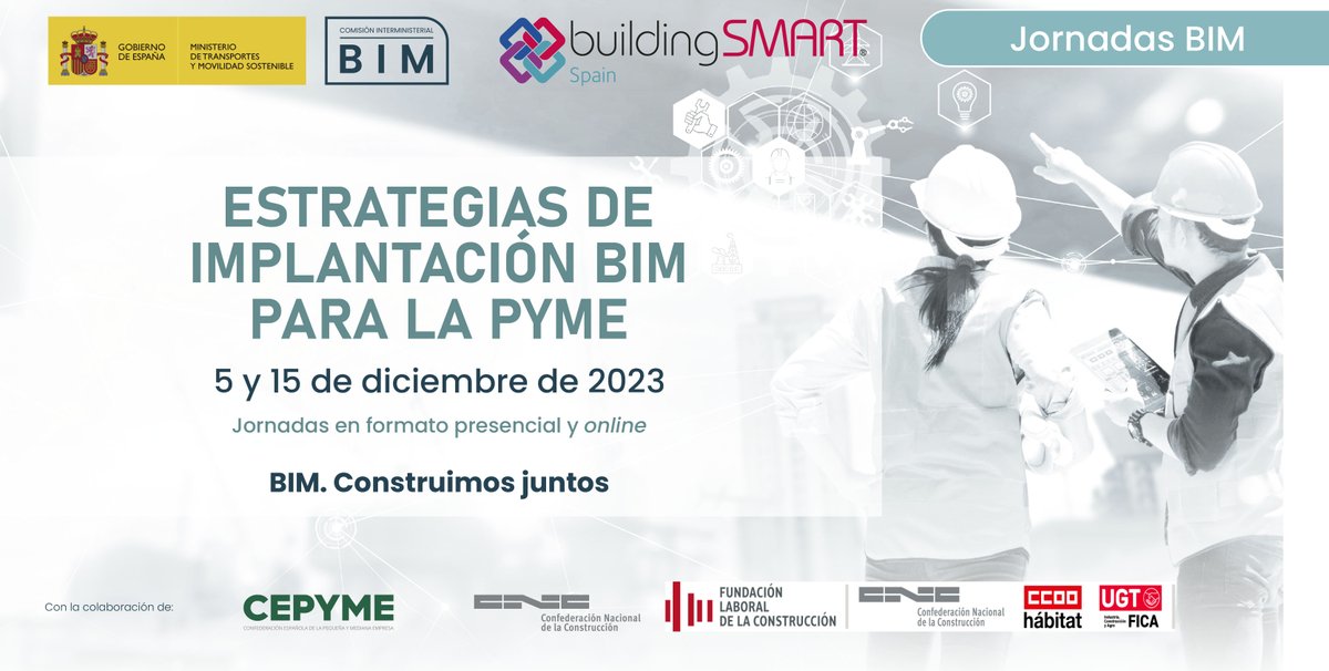 CSCAE's tweet photo. ¡Apunta en tu agenda las próximas 'Jornadas sobre Estrategias de implantación #BIM para la PYME' @transportesgob 

Los días 5 y 15 de diciembre, en formato online y presencial. 

#BIM. Construimos juntos.

Más información y enlaces aquí: https://t.co/I8YysA5EVk https://t.co/Dyw8tw7jjx