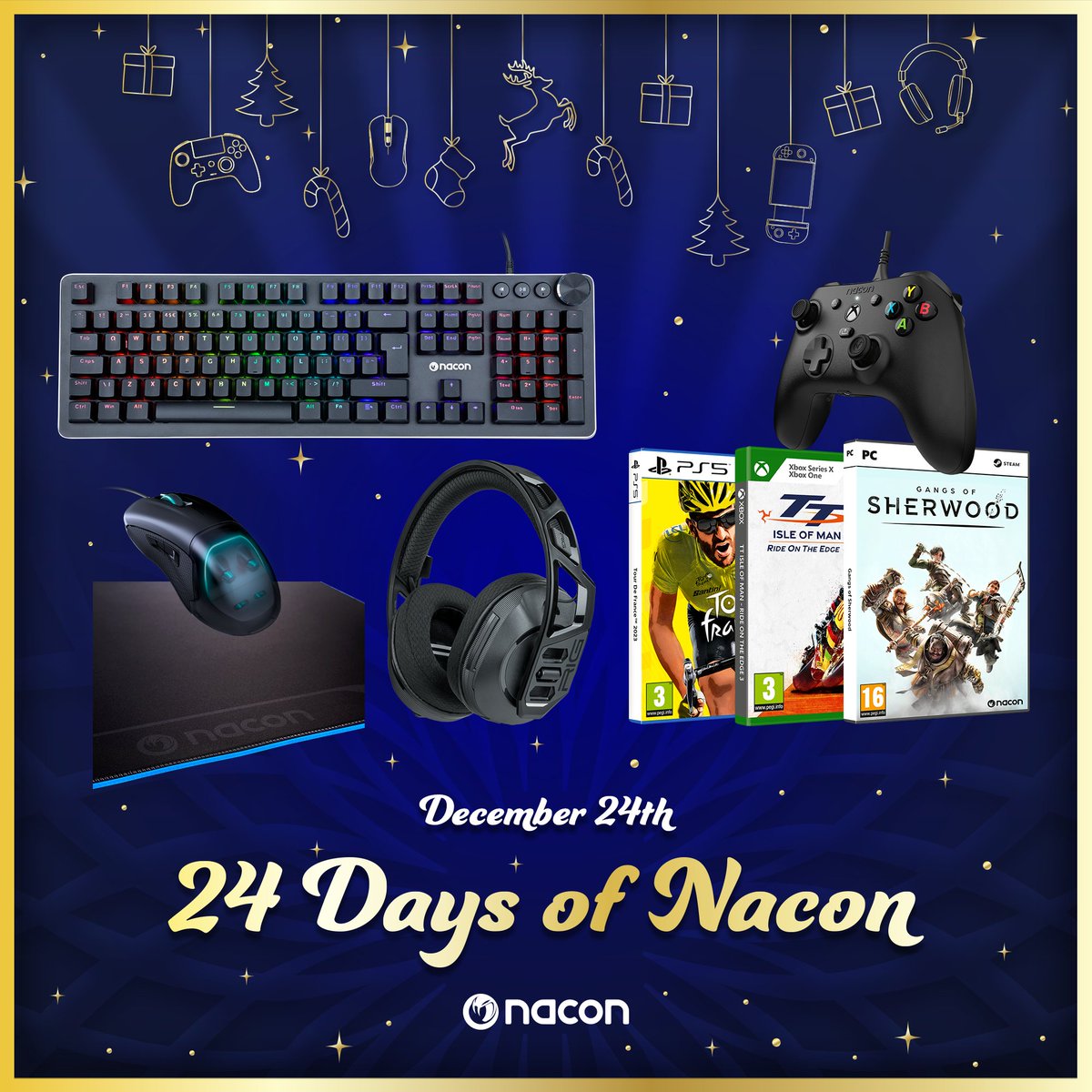 Nacon's tweet photo. Christmas is just around the corner and we have decided to spoil you with a giveaway every day and a huuuuuuge one from December 1st to 24th!

The Revolution 5 Pro, Robocop, Gangs of Sherwood, the Daija... In short, it's #24DaysOfNacon! 🎅🎁 https://t.co/bdSrdywVyx