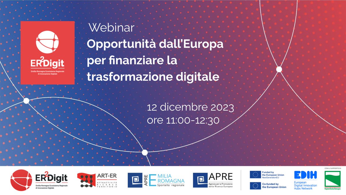 ❗️Scopri di più su #ER2Digit, #finanziamentieuropei e #FirstDigital all'evento online "Opportunità dall’Europa per finanziare la #trasformazionedigitale" il 12 dicembre alle 11. 
📝Per partecipare compila il form: bit.ly/ER2Dform
👉Qui l'agenda: bit.ly/ER2DEU