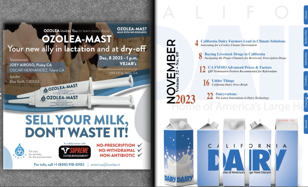 🇺🇸 Thanks to <a href="/CalDairyMag/">California Dairy Mag</a> !

Dec. 8, the OZOLEA team will meet Californian dairy farmers in Tulare (CA) to present #OZOLEAMAST and discuss with Joey Airoso and Oscar Hernandez how to implement OZOLEA protocols on farms. 💧

Find out more 👉indd.adobe.com/view/81e0e336-…
