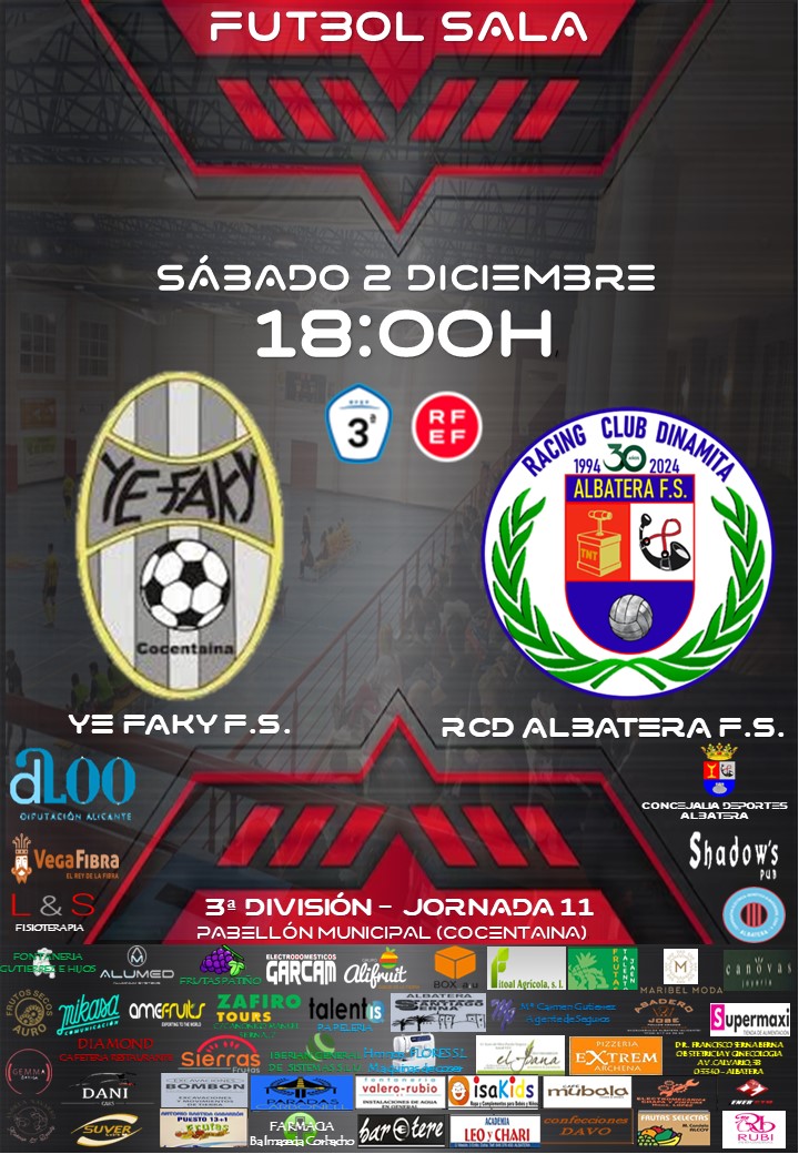 RCDAlbaterafs's tweet photo. 3️⃣a División:
📅 Sábado 2 Diciembre 
 🕓18:00
📌 Pabellón Municipal (Cocentaina)
🗓️ Jornada 11
🔴 @yefaky
🔴 @RCDAlbaterafs https://t.co/KhV2ZWKu9M