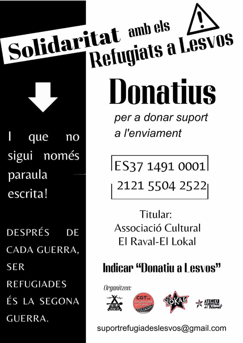 Avui acaba la recollida de roba per lxs refugiadxs al camp de Lesvos. Ara toca organitzar el transport cap allà. Les que pogueu, feu suport al numero de compte de El Lokal ⬇️⬇️