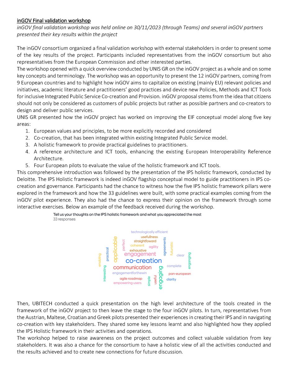 🚀 Big news from @inGOV! 

🎉The Final Validation Workshop highlighted key results, emphasizing citizen co-creation in public services. 

🌐Dive into the full press release for insights on the IPS Holistic Framework and success stories from European pilots.