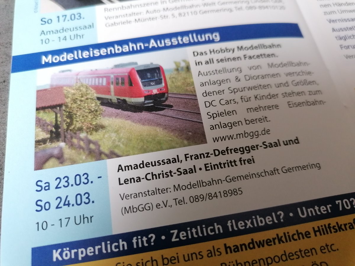 MbGGeV's tweet photo. Das neue Programmheft der @stadthallegermering ist da!

Auch unsere #Modellbahnausstellung am Wochenende 23./24. März 2024 ist darin gelistet!

Hast Du Dir den Termin schon vorgemerkt?

#germering #unterpfaffenmoden #modellbahn #modelleisenbahn #modelleisenbahnausstellung https://t.co/yEmJsp2yon
