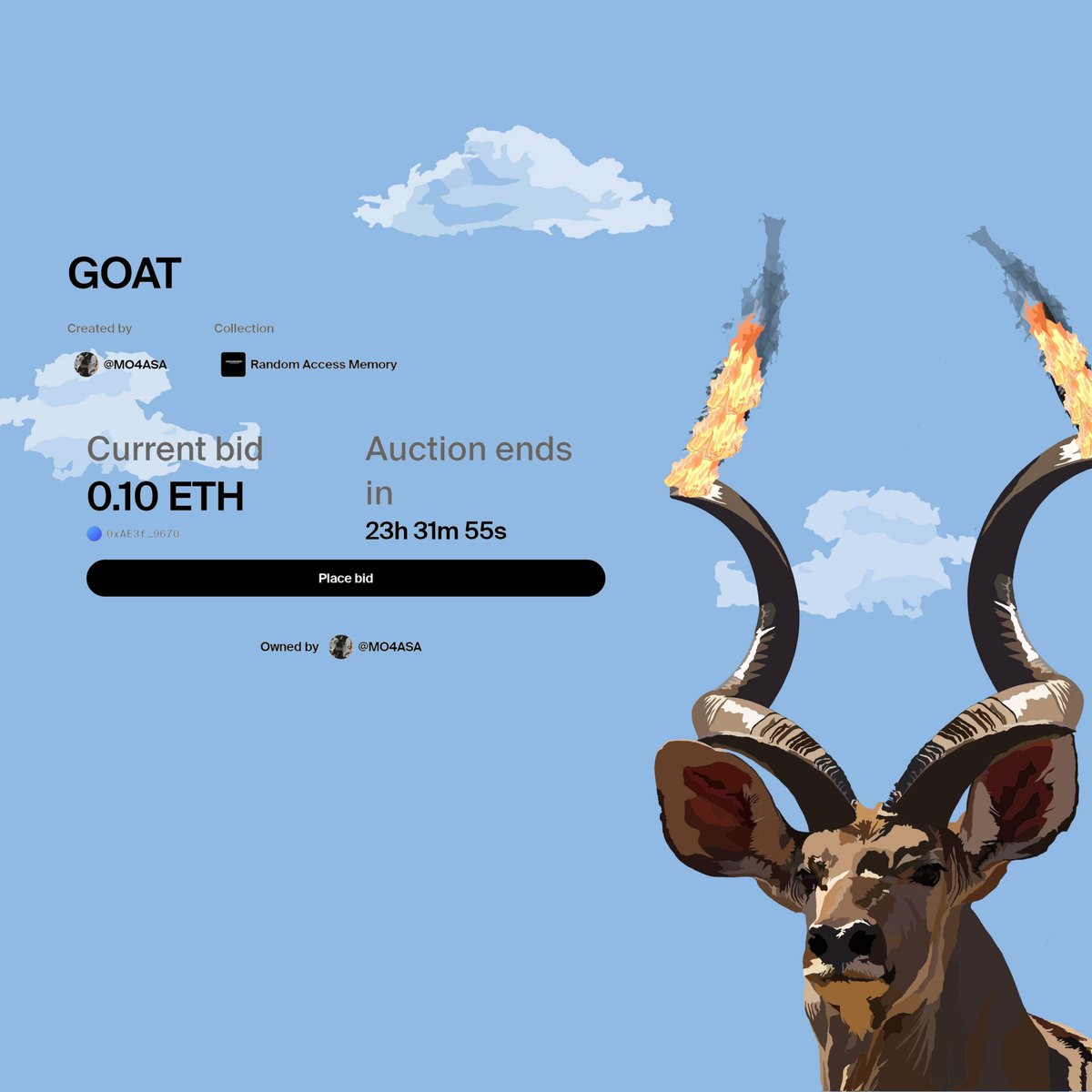 ⏰ EVIAN is ACTIVE (AUCTION STARTED)⏰

The Auction for "GOAT" just kicked off by Anon 🔥🔥🔥

I'm so happy rn, this is one of my best works so far. Thank you Anon for your support, please kindly reach out when you see this🫂❤️

Join the bid

Current bid:  0.1ETH 🔥

Link 👇
