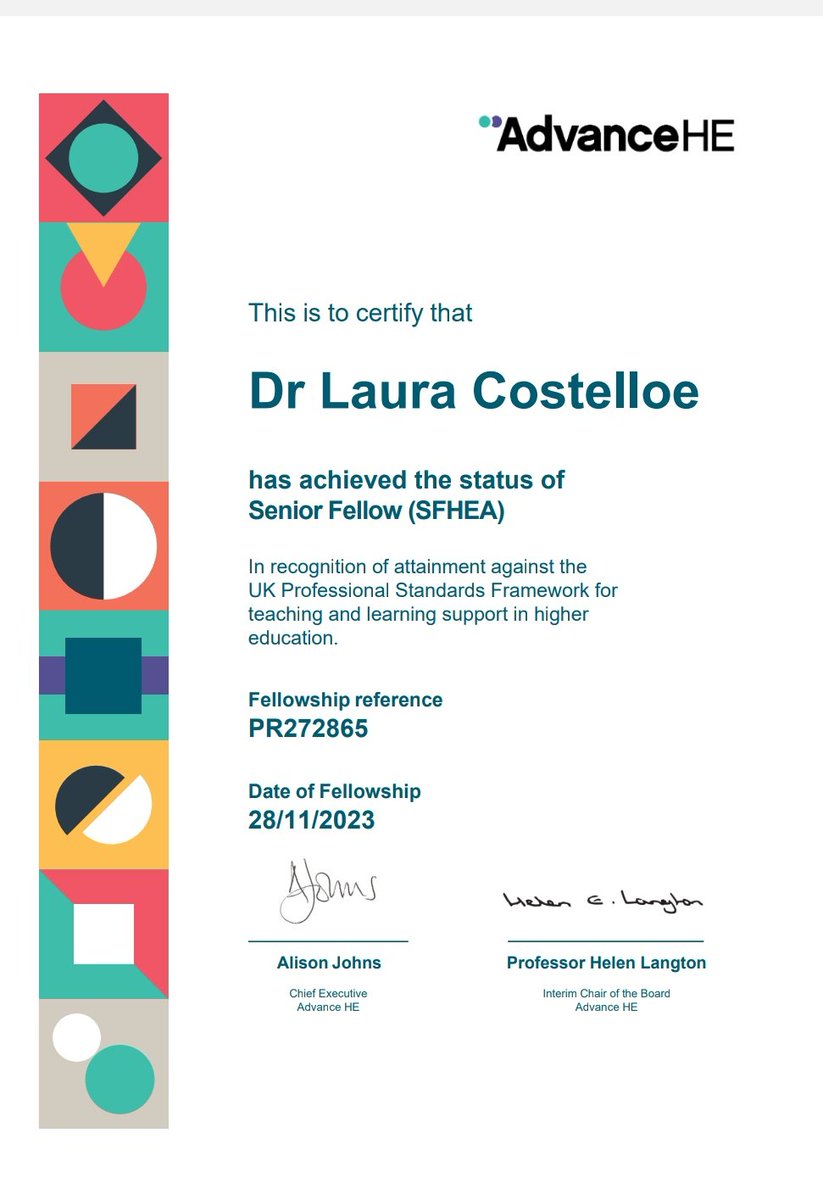 Emerging briefly from the newborn bubble as I was chuffed to see the notification that I was awarded Senior Fellowship of @AdvanceHE this week! It was challenging, but very worthwhile, to reflect on and evidence the impact I've had on T&L enhancement over the years