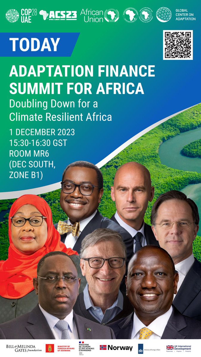 #COP28UAE : @WilliamsRuto, Pres. of 🇰🇪 + Chair of the African Climate Summit, @Macky_Sall, Pres. of 🇸🇳, @AfDB_Group, the @_AfricanUnion, + @GCAdaptation convene the Adaptation Finance Summit For Africa, featuring @SuluhuSamia, @MinPres, @BillGates + others.…