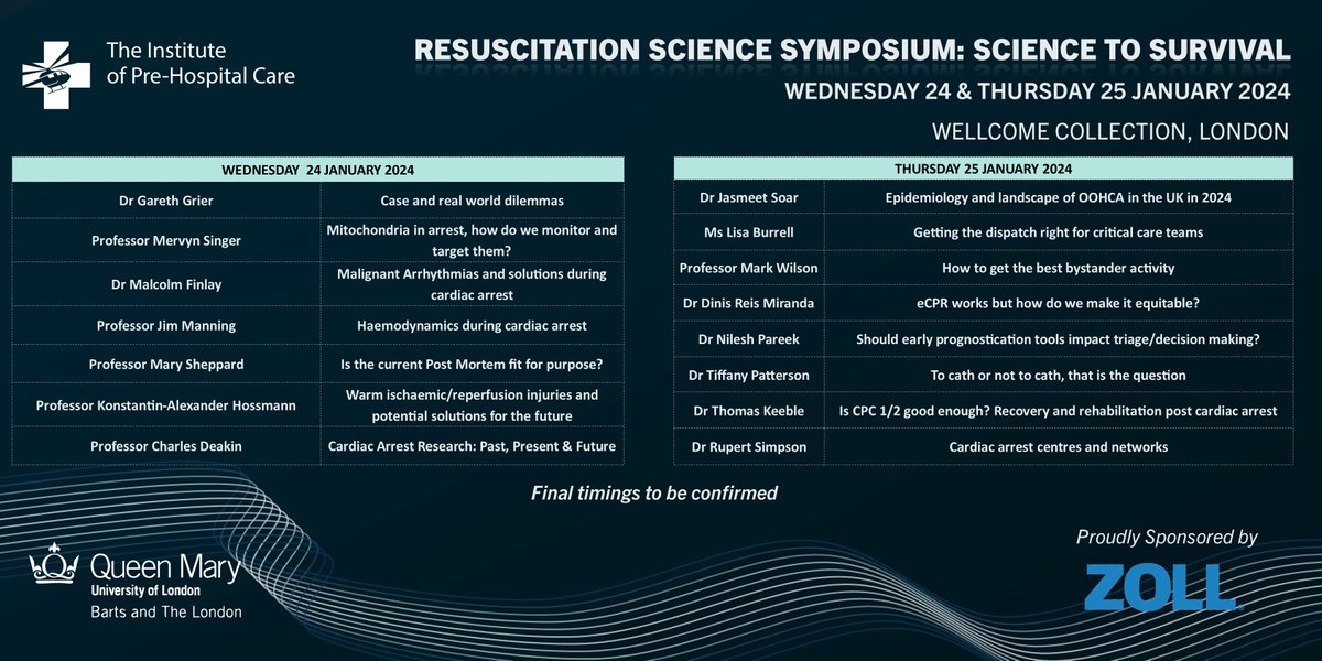 Special Announcement ✨ We are very excited to present the programme for the 10th year of the Resuscitation Science Symposium: Science to Survival. Sponsored by @zollemsfire @QMULBartsTheLon