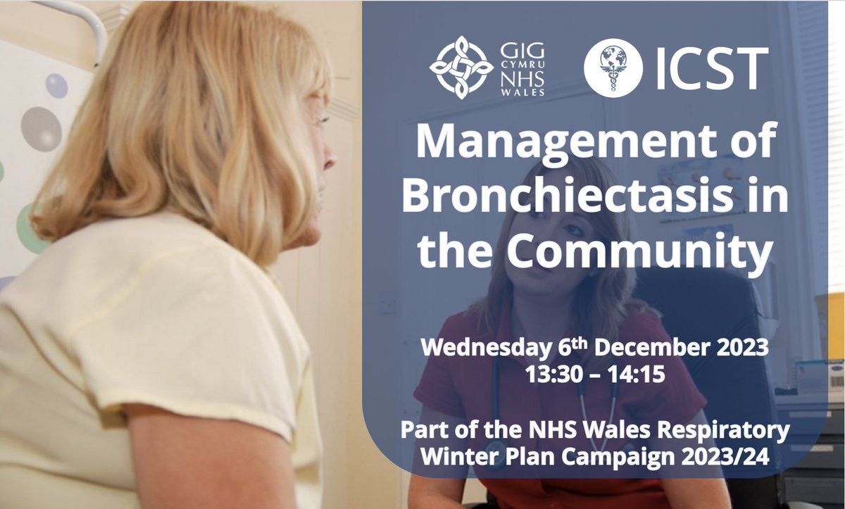 🏴󠁧󠁢󠁷󠁬󠁳󠁿 Welsh Healthcare Professionals! 

Join us for the live event: Management of Bronchiectasis in the Community
Wednesday 6th December 2023
13:30- 14:15

Panel and agenda now announced! 

Book here: allwales.icst.org.uk/events/managem…