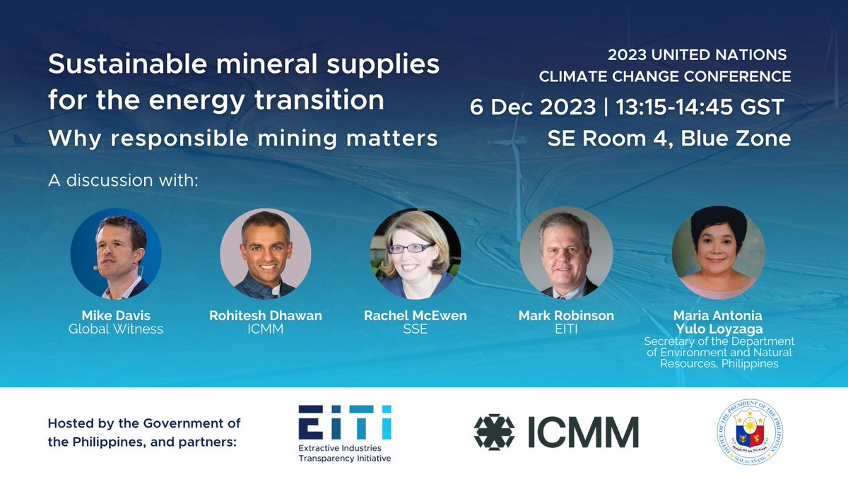 EITIorg's tweet photo. 📣 Next Wed 6 Dec: Join EITI, @ICMM_com &amp; the #Philippines's @DENROfficial 🇵🇭 at #COP28 for a discussion on how an uptick in #mining impacts communities in producing countries, and why responsible mining matters for a just #energytransition.

Details 👉 https://t.co/9vs3TD9PjP https://t.co/u6uGj52Rhi