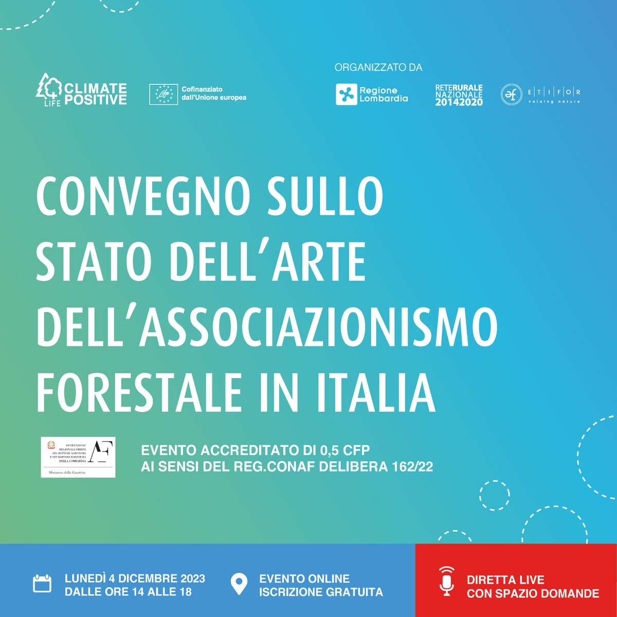 Gestione forestale sostenibile: politiche e strumenti al servizio del territorio e delle comunità 👇 

📅Lunedì 4 dicembre 2023 dalle 14  

C'è tempo fino a domani per iscriversi ➡️
 …sociazionismo-forestale.eventbrite.it 

con @RegLombardia @reterurale @ETIFOR @TESAF_unipd