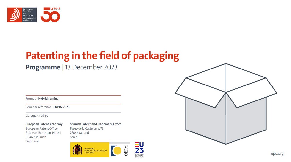 🗓13/12/2023
📍Sede de la <a href="/OEPM_es/">OEPM</a>, #Madrid
PATENTES EN EL SECTOR DE LOS EMBALAJES
Taller organizado en colaboración con la <a href="/EPOorg/">EuropeanPatentOffice</a>, con la participación de <a href="/quadpackgroup/">Quadpack Group</a> y <a href="/itene/">ITENE</a>.
➡️oepm.es/es/detalle-eve…