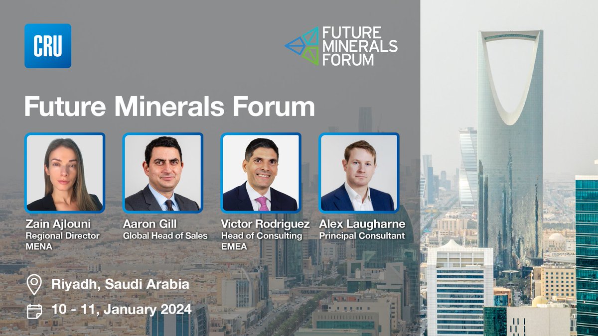 CRUGROUP's tweet photo. We are pleased to share that team CRU will be attending the upcoming Future Minerals Forum!

📅 Date: 10-11 January 2024
📍 Venue: Riyadh, Saudi Arabia

(1/3)