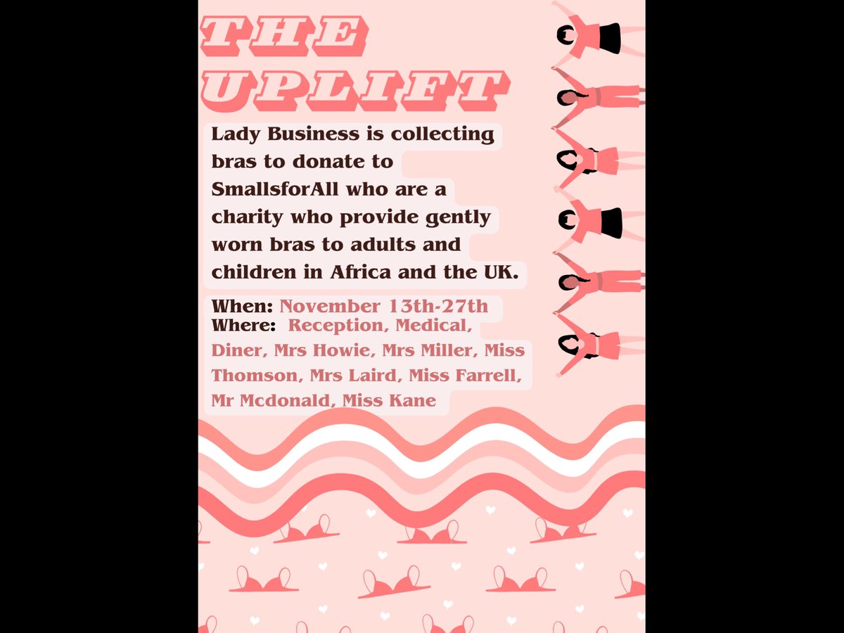 Hey, it’s your Lady Business Captains here! We are on a mission and need YOUR help! We are collecting bras to donate to <a href="/SmallsforAll/">SmallsforAll</a> who provide gently worn bras to children in Africa and the UK. Please donate to <a href="/MrsHowieLHS/">Mrs Howie</a> <a href="/mrmcdonaldmaths/">Mr McDonald</a> <a href="/fraulaird/">fraulaird</a> <a href="/MissFarrell_Mus/">Miss Farrell</a>