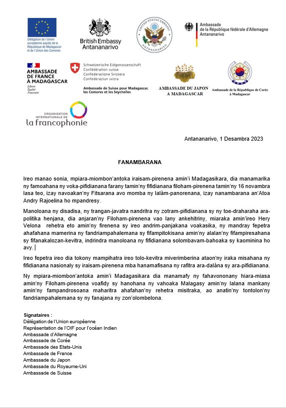 Communiqué conjoint de la Délégation de l’Union européenne, la représentation de l’OIF pour l’océan Indien, l'Ambassade d’Allemagne, l'Ambassade de Corée, l'Ambassade des États-Unis, l'Ambassade de France, l'Ambassade du Japon, l'Ambassade du Royaume-Uni et l'Ambassade de Suisse.