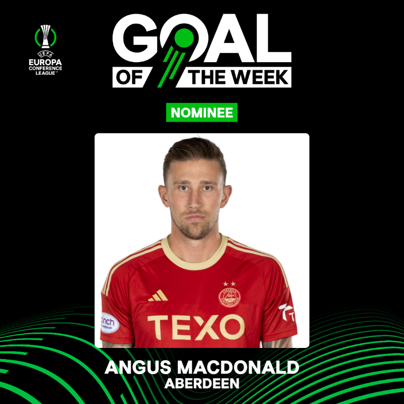 AberdeenFC's tweet photo. Angus MacDonald's brilliant goal last night has been nominated for the #UECL Goal of the Week.

Vote here ⤵️
