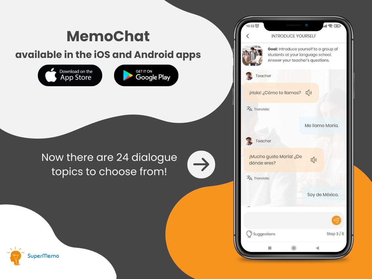 supermemo's tweet photo. 📱 New feature now also available in iOS and Android apps. Try out the modern way of learning through immersion with MemoChat. 24 topics of interactive conversations are waiting for you 🗣️.
#MemoChat #AI #ArtificialInteligence #ChatGPT #sztucznainteligencja #ios #Android https://t.co/fUaJipM94q