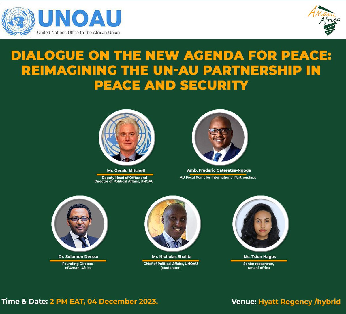 africa_amani's tweet photo. 📢EVENT: Join @africa_amani's event jointly organised with @UNOAU_ to reflect on UN-AU partnership in light of the #NewAgendaforPeace.
🗓️4 December 2023 
⏰2 PM EAT
📍Hyatt Regency & Zoom
Register👉🏿https://t.co/ee6IxeyMhs
Details 👉🏿 https://t.co/s4AmenHOGI