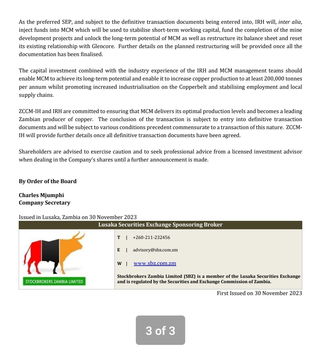 Announcement on Mopani Copper Mines Plc Preffered Bidder: International Resources Holding RSC Limited, an affiliated company of Abu Dhabi conglomerate International Holding Company PJSC (“IHC”).