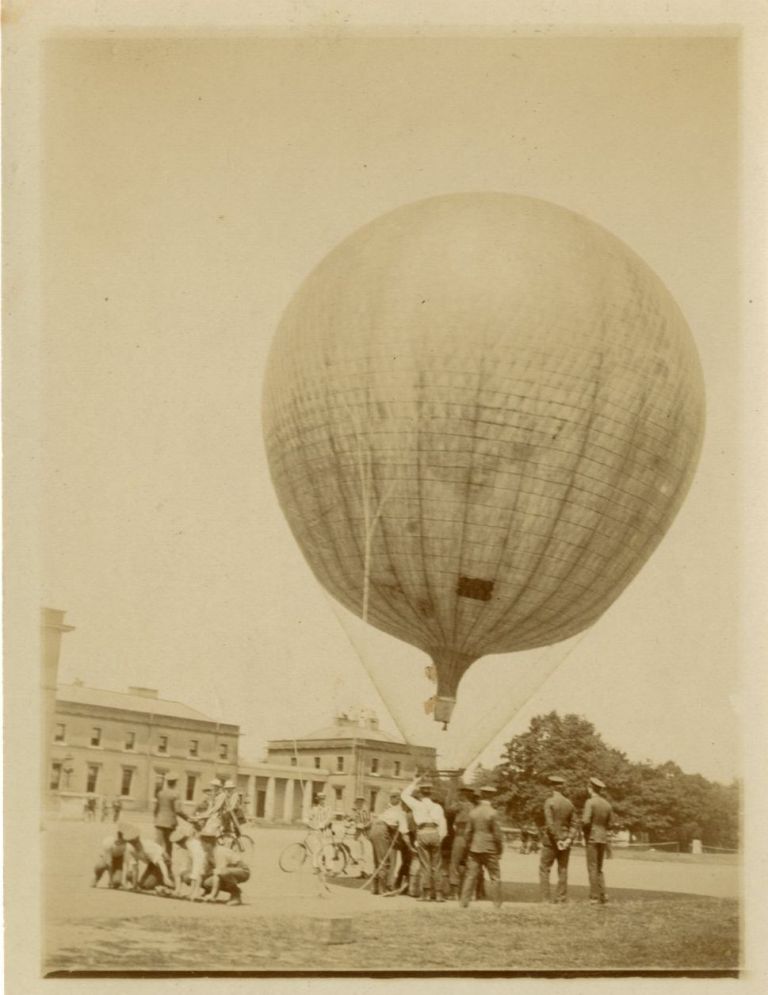 From our Groves of Castlegrove collection, a photo of a hot air balloon, possibly not in #Dongal but who knows? Presence of men in army uniform suggests possibly not a hobby either! #EYAhobbies