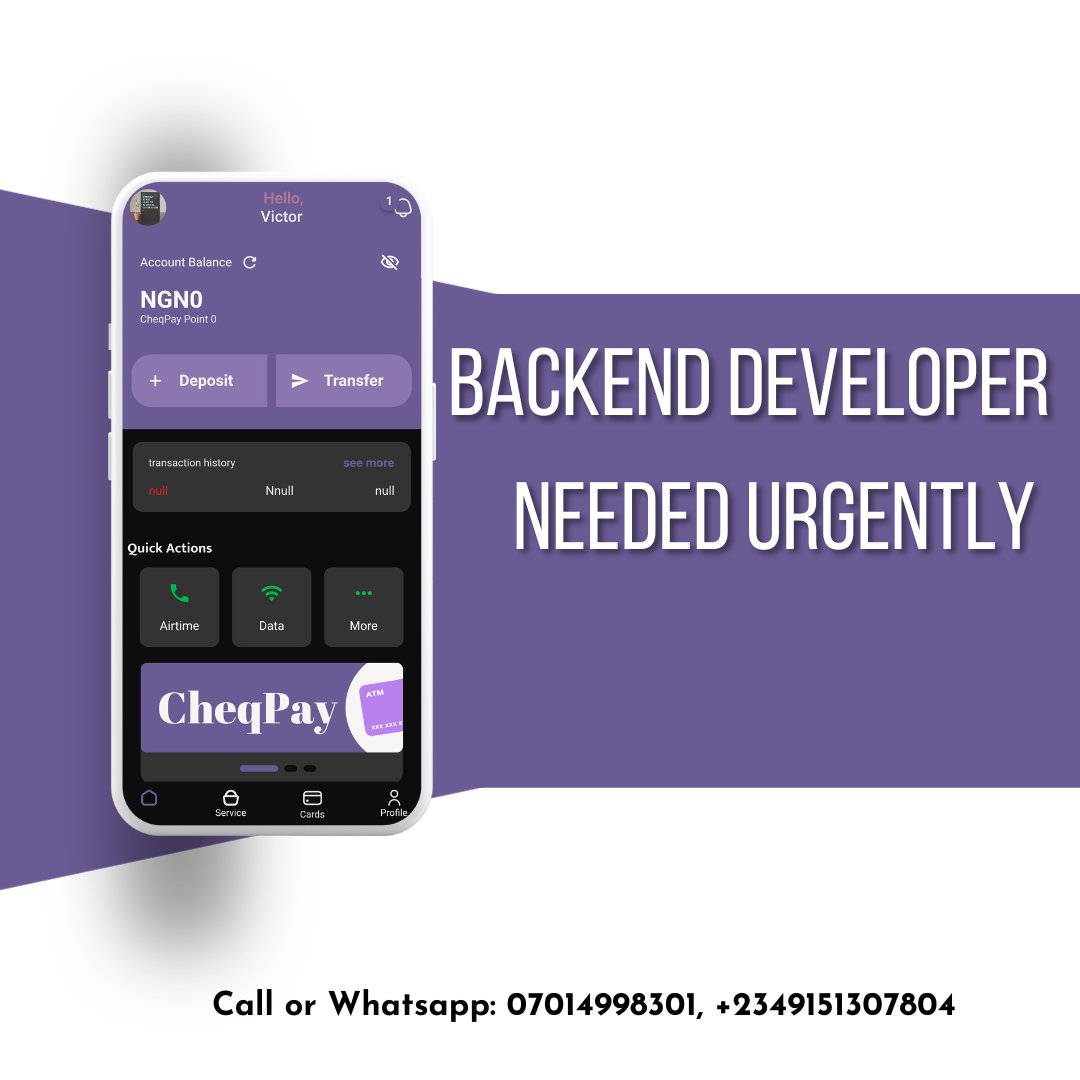 mycheqpay's tweet photo. Dm if you are interested #backenddev #developer #Jobs https://t.co/fKeqwCxUfe