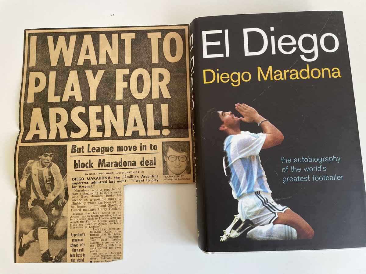 Still often see my favourite newspaper clipping appear on the internet, kept safely in a book, ought to get this framed somehow. @MaradonaPICS @arsenal #maradona #arsenal