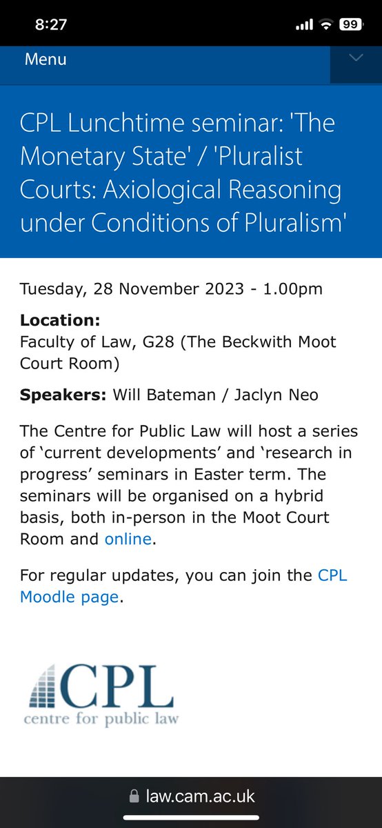 Thank you to the Centre for Public Law at @cambridgelaw for hosting me at this double-bill lunchtime seminar earlier this week. (And no, I haven’t shifted my research into the monetary state!)