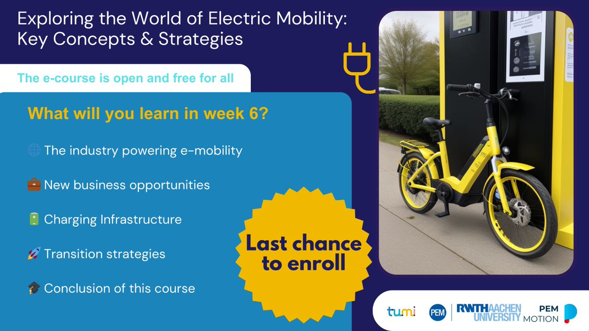 🚗⚡ Last chance for free enrollment in our 6-week e-mobility course! Secure your spot today for full access. Conclude your EV education journey with 'e-mobility business models & charging infrastructure' in Week 6. ⚡📚 Sign up: bit.ly/Enrollment-Link #emobility