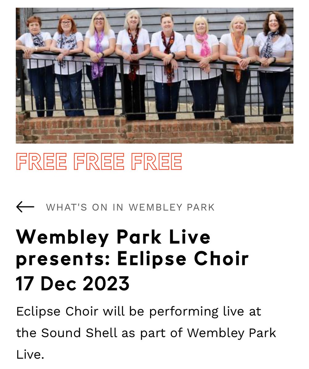 We’re delighted to have been invited back to sing at the Sound Shell at Wembley Park on Sunday the 17th December as part of their Wembley Park Live festive weekends.  Come along to hear us from 1-1.30, 2.30-3 or 4-4.30.