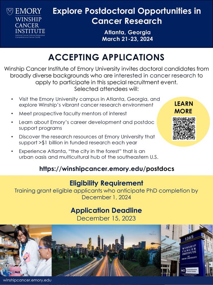 LesinskiLab's tweet photo. If you are exploring #cancerresearch #postdoc opportunities in the southeast, please apply to a special 2 day in person postdoctoral recruiting event at @Winship this March. Meet us and join our wonderful oncology research community! https://t.co/IcHzOuKvwT