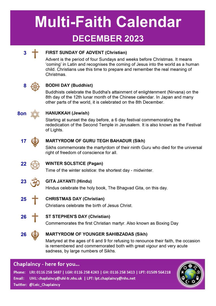 Leicester Chaplaincy (@leic_chaplaincy) on Twitter photo Here is the Multi-Faith Calendar for December. <a href="/Leic_hospital/">Leicester's Hospitals</a> <a href="/LPTnhs/">Leicestershire Partnership NHS Trust</a> Here is the Multi-Faith Calendar for December. <a href="/Leic_hospital/">Leicester's Hospitals</a> <a href="/LPTnhs/">Leicestershire Partnership NHS Trust</a>