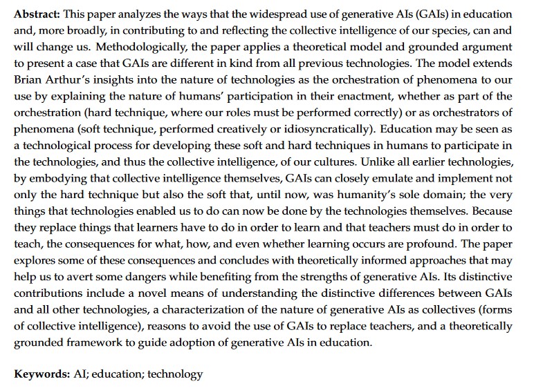 Digital_mdpi's tweet photo. New Paper “The Human Nature of #GenerativeAIs and the Technological Nature of Humanity: Implications for #Education” by Jon Dron @jondron.
@AthabascaU
👉https://t.co/cxB1V9nYNo https://t.co/GHQmIBv0vB