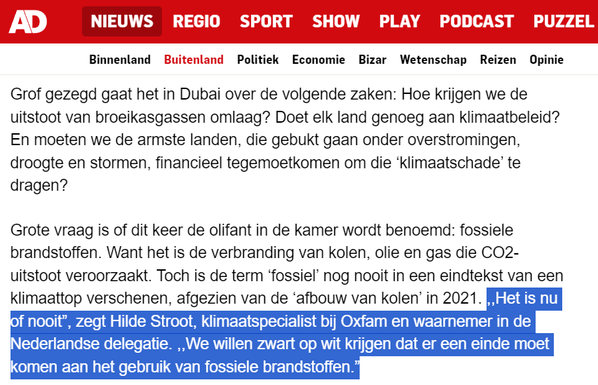 Oxfam Novib (@oxfamnovib) on Twitter photo Collega <a href="/HildeStroot/">Hilde Stroot</a>, klimaatspecialist en waarnemer in de Nederlandse delegatie, over olifant in de kamer bij klimaattop #COP28 : fossiele brandstoffen. 'We willen zwart op wit krijgen dat er een einde moet komen aan het gebruik.’ #VervuilerBetaalt
ad.nl/buitenland/oli… Collega <a href="/HildeStroot/">Hilde Stroot</a>, klimaatspecialist en waarnemer in de Nederlandse delegatie, over olifant in de kamer bij klimaattop #COP28 : fossiele brandstoffen. 'We willen zwart op wit krijgen dat er een einde moet komen aan het gebruik.’ #VervuilerBetaalt
ad.nl/buitenland/oli…