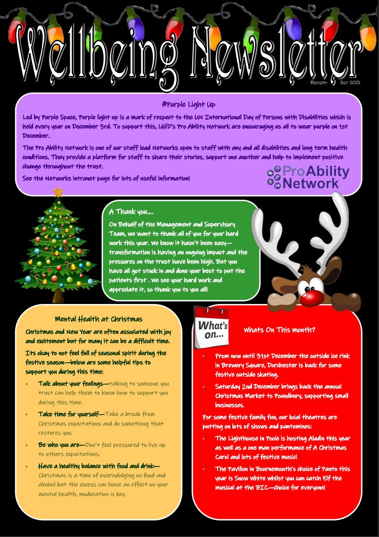 As 1st December hits us and the run up the Christmas ramps up a gear, take a look at @Amanda_Murree's December Wellbeing Newsletter. With some helpful tips to avoid the festive stress and a spotlight on UHD's Pro Ability Network. #TeamUHD #Wellbeing #Porters