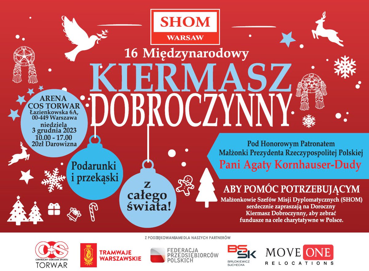 Zapraszamy na 16 Międzynarodowy #Kiermasz #Dobroczynny 🎁 organizowany przez Małżonków Szefów Misji Dyplomatycznych #SHOM. Szczegóły na załączonym plakacie. 👇Do zobaczenia 3 grudnia przy stoisku węgierskim 🇭🇺 w COS Torwar! 🌶️