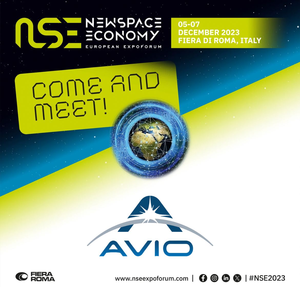 Come and meet us! We are pleased to announce our presence at the @NSEexpoforum from December 5-7, 2023 at @FieraRoma, booth E9. The event is open to every professional who shares a passion for #space. Register now: bit.ly/3R76Lzs #spaceiscloser #NSE2023 #Avio