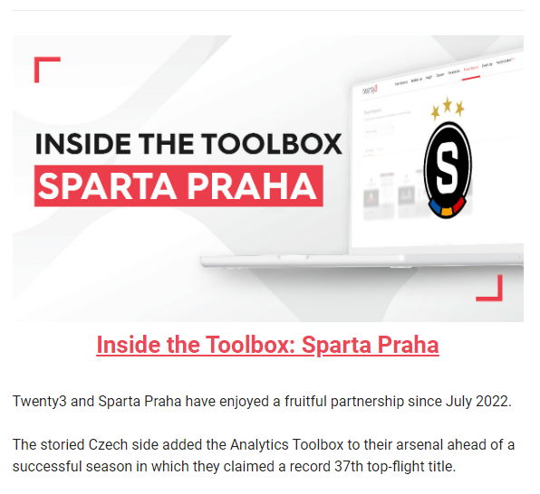 to, że Sparta Praga korzysta ze Statsbomb to wiedziałem, ale umknęło mi, że pracują także z Twenty3. To nie są tanie rzeczy vs inne platformy (jak TransferLab czy ś.p. Abacus), choć oczywiście są bardzo tanie vs korzyści z dobrej analityki. w Pradze to rozumieją