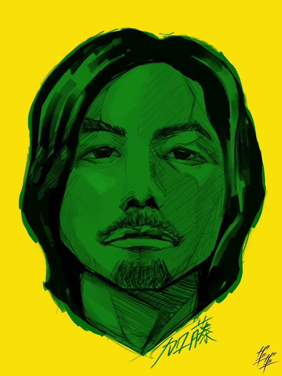 1boy solo male focus facial hair signature portrait yellow background  illustration images
