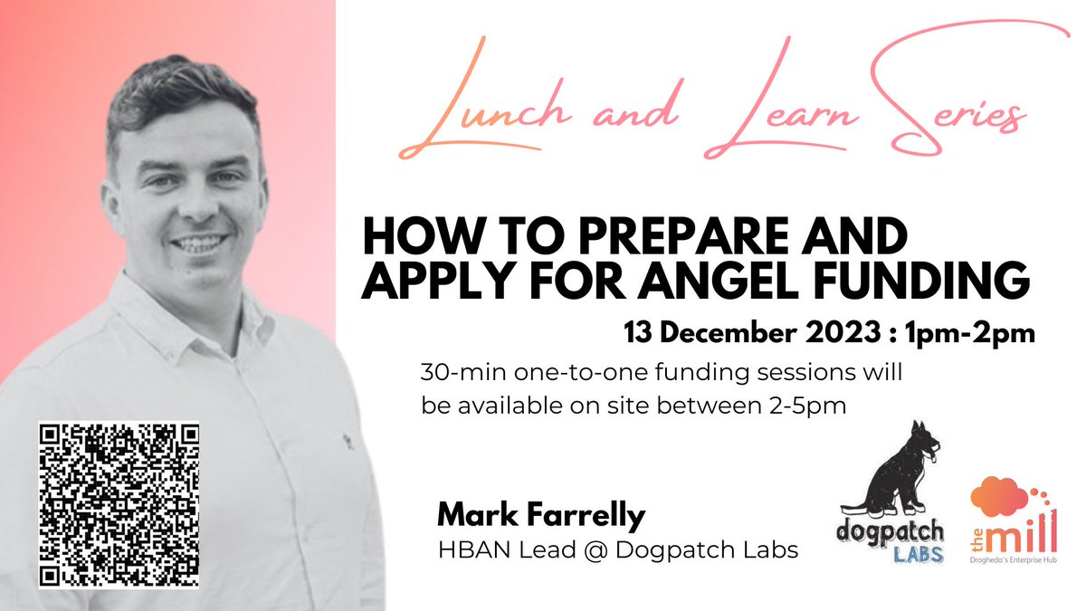 Last Lunch & Learn event of 2023 - Mark Farrelly from Dogpatch Labs will be talking about preparing to apply for angel funding. As a bonus, he will be on site between 2pm and 5pm if you wish to book a one-to-one session with him. Book your place here: lnkd.in/eUW_VhxW