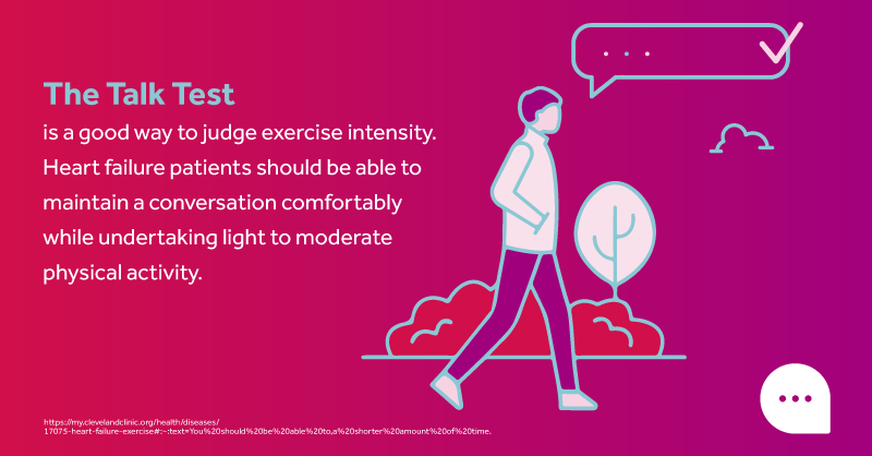 HeartFailureFrm's tweet photo. Heard of the ‘Talk Test’?

The thought of exercise can be daunting for #HeartFailure patients. Recommending the ‘Talk Test’ to patients can make walking and exercising that tiny bit less intimidating.