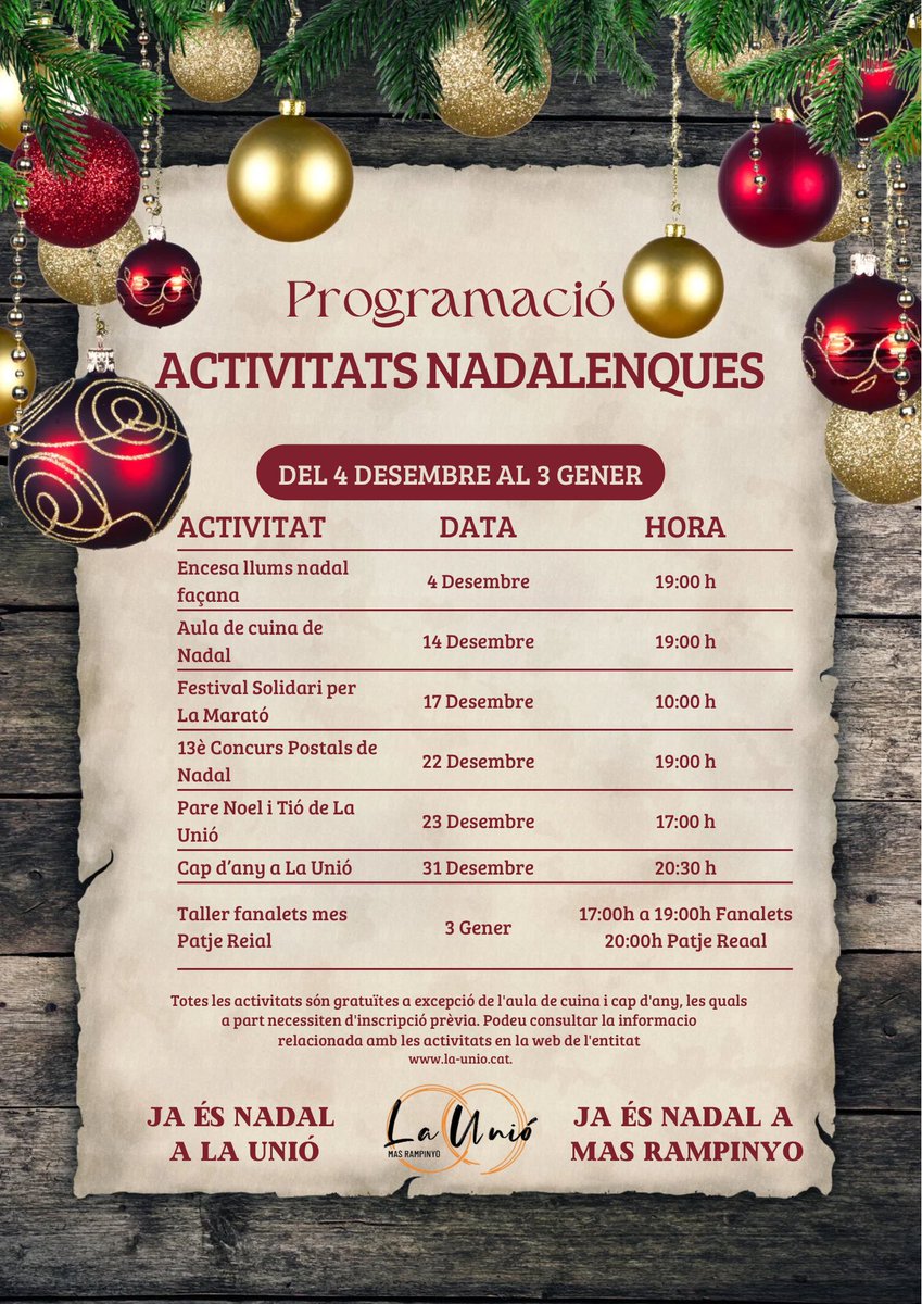 uniomasrampinyo's tweet photo. Ja tenim aquí la programació de Nadal de l'entitat.
Cada dia publicarem un dels actes, podeu consultar a la web les activitats i guardar-vos els dies a la agenda.
Benvinguts i benvingudes al nadal de La Unió.
#somunio #nadalalaunio #unio2023 #nadal #masrampinyo #montcadairexac https://t.co/CQBXt1eo5j