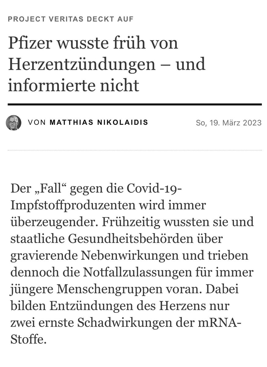 @SHomburg @KenPaxtonTX „Nach den zahllosen Enthüllungen über die dubiosen Aktivitäten des Pharmakonzerns Pfizer in Sachen 
mRNA-Impfstoff ist nun klar, dass man bei Pfizer schon seit dem Frühjahr 2021 sehr genau wusste,
dass die modifizierten RNA-Präparate Herzmuskelentzündungen und