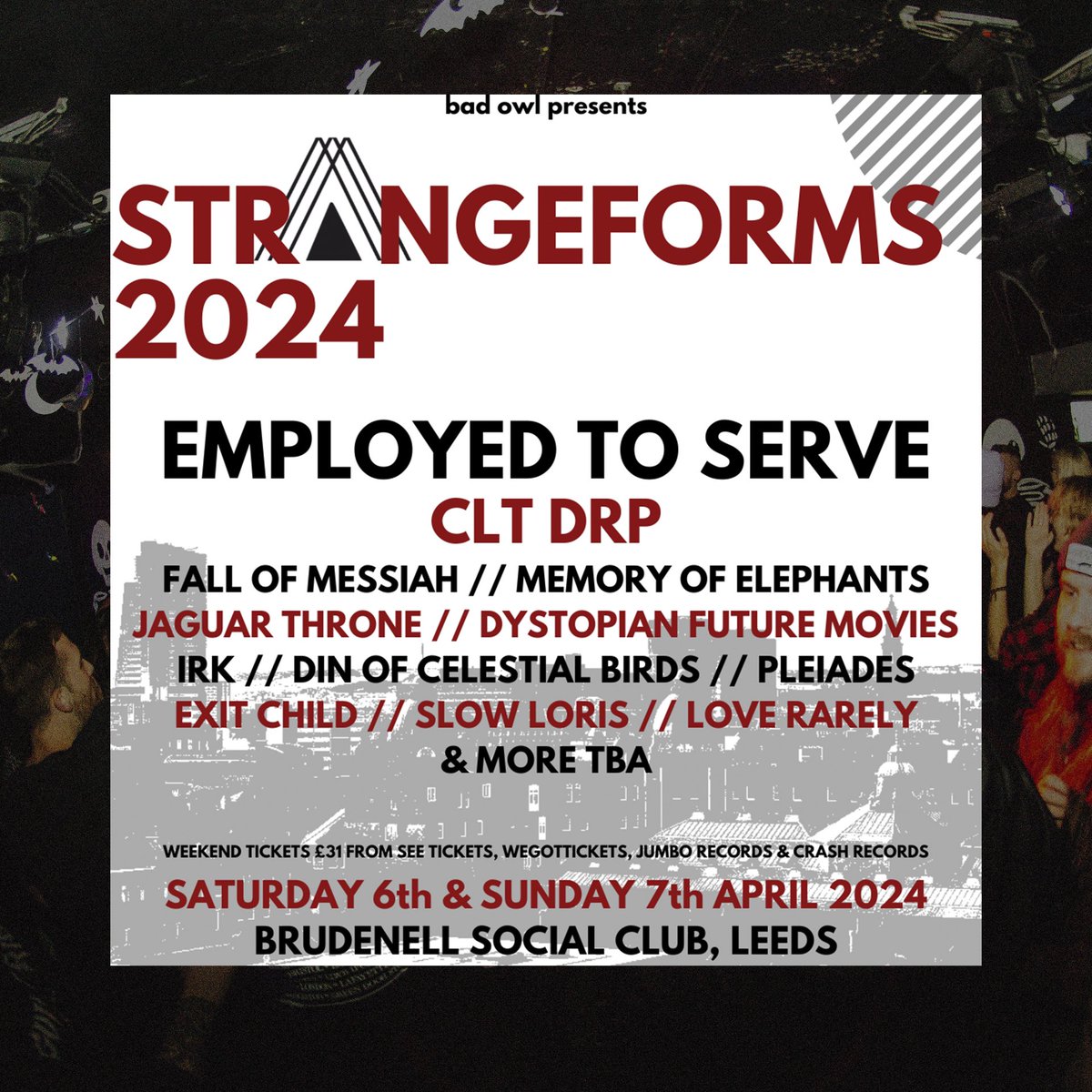 Employed To Serve (@employedtoserve) on Twitter photo We’re absolutely stoked to announce we’ll be headlining <a href="/StrangeForms/">StrangeForms</a> Festival 2024 🔥
We can’t wait to be back in Leeds, alongside a whole load of awesome bands! Advance weekend tickets are on sale now.
seetickets.com/event/strangef…
Photo by Joe Guppy We’re absolutely stoked to announce we’ll be headlining <a href="/StrangeForms/">StrangeForms</a> Festival 2024 🔥
We can’t wait to be back in Leeds, alongside a whole load of awesome bands! Advance weekend tickets are on sale now.
seetickets.com/event/strangef…
Photo by Joe Guppy