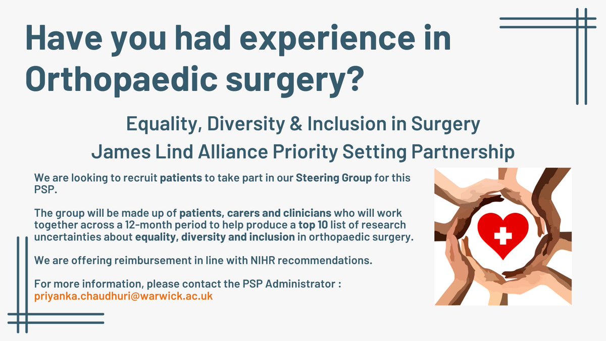 We're looking for patients with experience in Orthopaedic surgery to help with a Priority Setting Partnership about diversity and inclusion in surgery. Please get in touch! #Patient #PatientInvolvement #JamesLindAlliance #PrioritySettingPartnership #orthotwitter #Orthopaedics