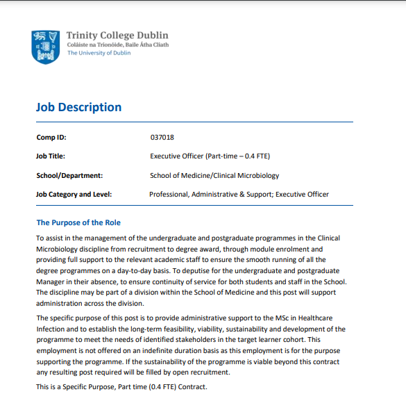 The Dept of Clinical Microbiology are #hiring a part-time Executive officer. If you’re interested please visit jobs.tcd.ie or contact <a href="/renwick_julie/">JulieRenwick</a> (email renwickj@tcd.ie). Applications close Dec 7th #parttime #job #healthcare #administration #executiveofficer