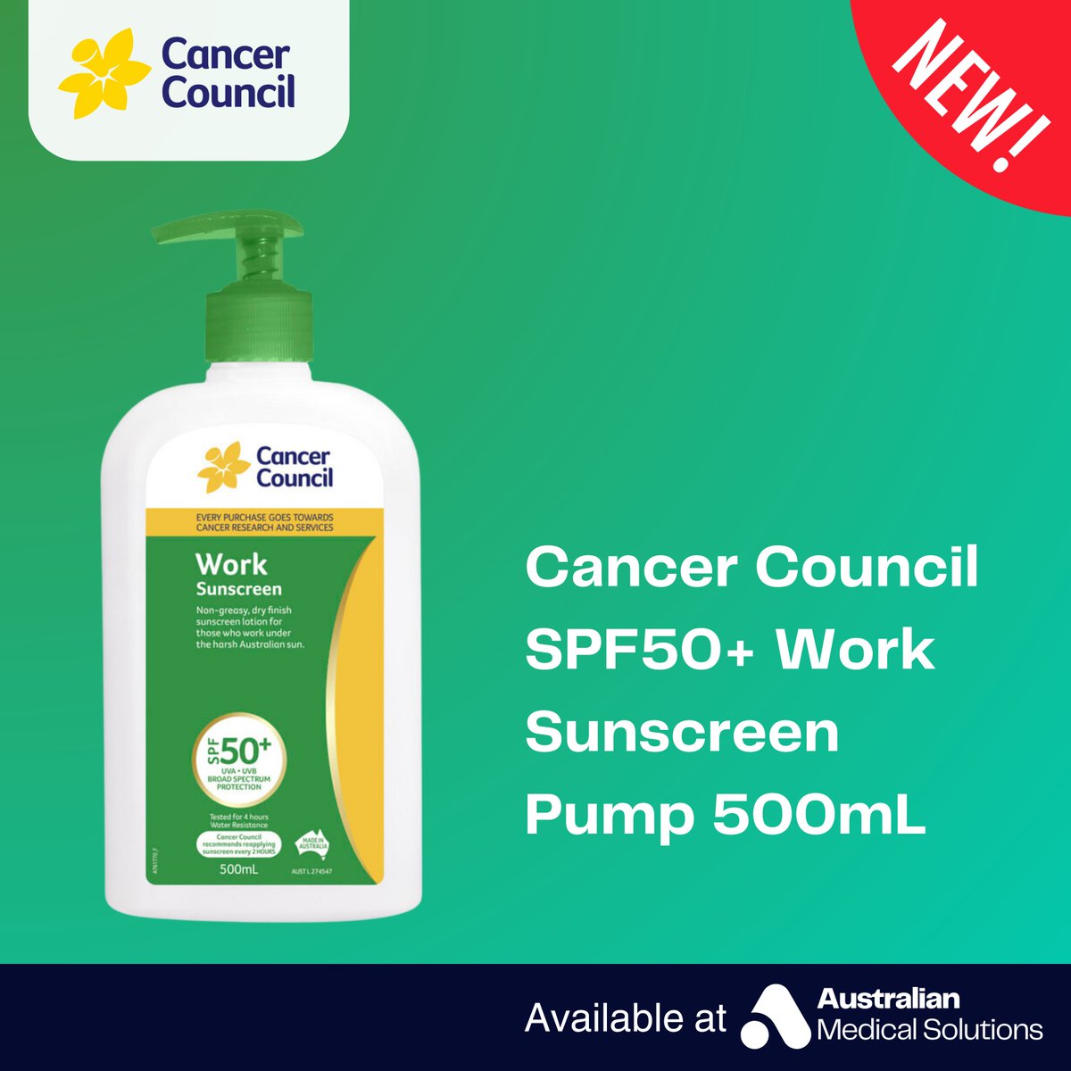 AusMedSolutions's tweet photo. Our new Cancer Council SPF50+ Work Sunscreen range is designed to provide maximum protection against harmful UV rays while you're working outdoors. With its high sun protection factor, it helps reduce the risk of skin cancer and premature aging caused by sun exposure. https://t.co/29dd0hKMiQ