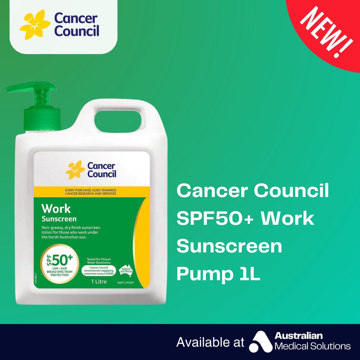 AusMedSolutions's tweet photo. Our new Cancer Council SPF50+ Work Sunscreen range is designed to provide maximum protection against harmful UV rays while you're working outdoors. With its high sun protection factor, it helps reduce the risk of skin cancer and premature aging caused by sun exposure. https://t.co/29dd0hKMiQ
