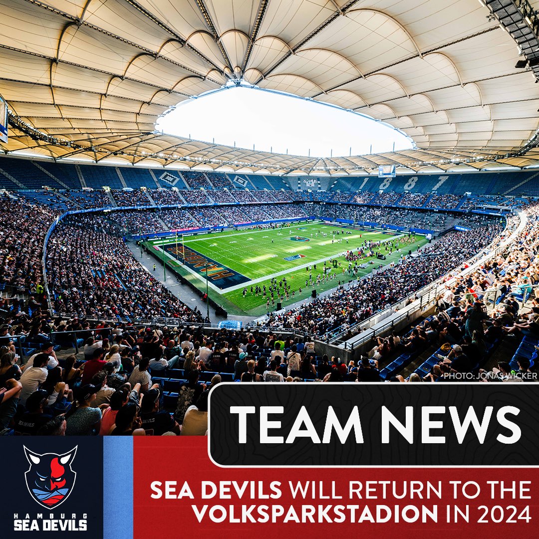 ELF_Official's tweet photo. The @SeaDevilsHH are returning to the Volksparkstadion on the 14th of July 2024! 😈

After a record breaking attendance in the past season the 2x finalists are aiming for 40.000 fans in the @HSV stadium. 🏟️ 

Tickets available via Ticketmaster. 🎟️⤵️ https://t.co/zj9j5eToEv https://t.co/IoOhQXVxQB